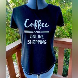 Black T shirt Coffee and Online Shopping. Size Med. Great Condition.